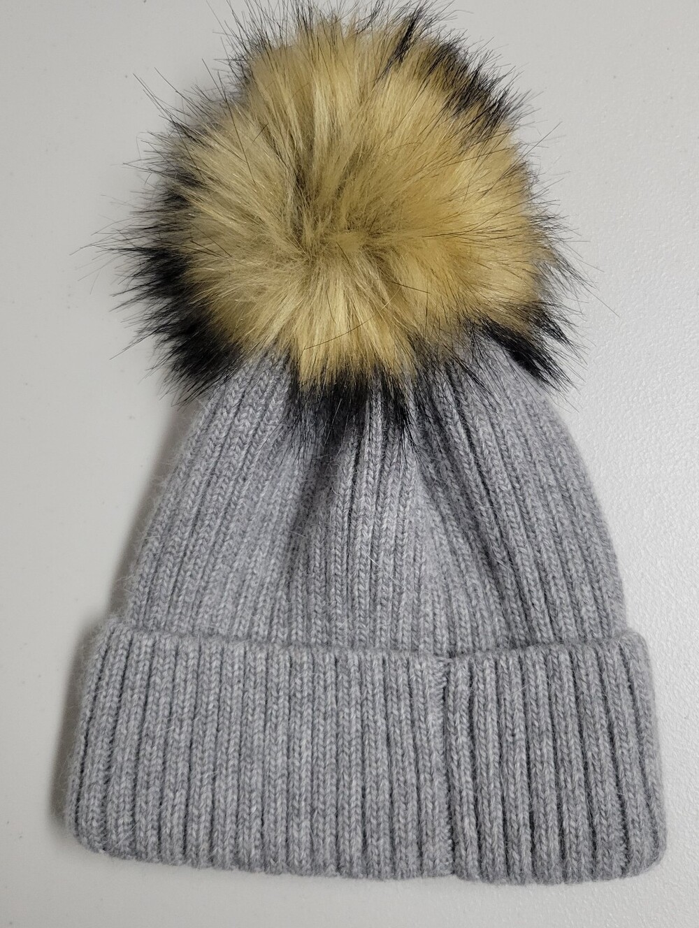 Linda Richards New York Pom.Pom Faux Fur Ribbed Knit Beanie.